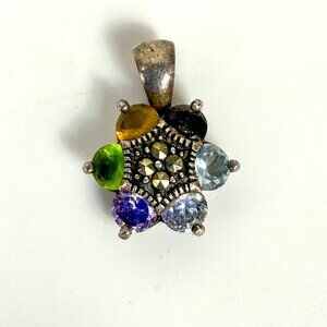 Sterling Silver Multicolor Gemstone Marcasite 6 Petal Flower Pendant 2.28g